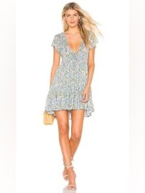 Auguste The Label Wms Cornflower Blue Floral Pleated Boho Babydoll Mini Dress 4